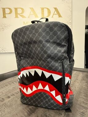 Fashionomics Gray Backpack with Red, Black and White Shark-Mouth Graphic